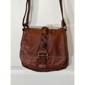 Fossil Brown Pebbled Leather Braided Crossbody Bag Contrast Stitch Messenger